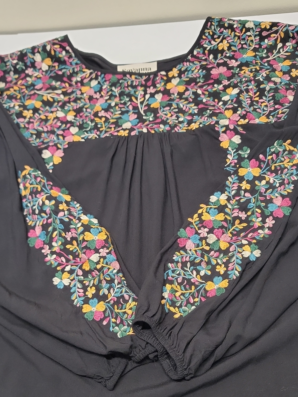 Savanna Jane Black Colorful Floral Embroidered Long-Sleeve Tunic Sz Large - Picture 14 of 16